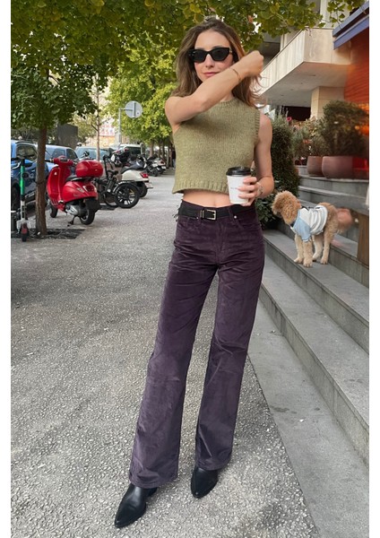 Bootcut Fit Yüksek Bel Mürdüm Mor Kadın Kadife Pantolon modelleri