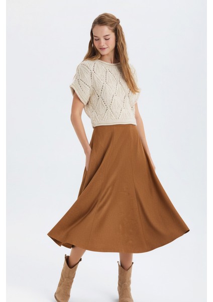 Süet A Kesim Midi Etek Karamel