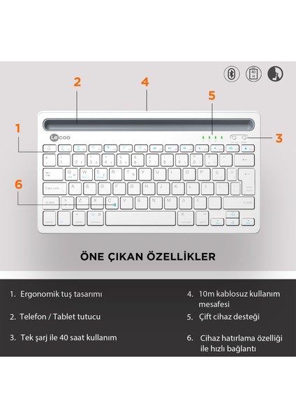 BK100 Kablosuz Bluetooth Çoklu Cihaz ile Uyumlu Şarj Edilebilir Türkçe Q Klavye Beyaz