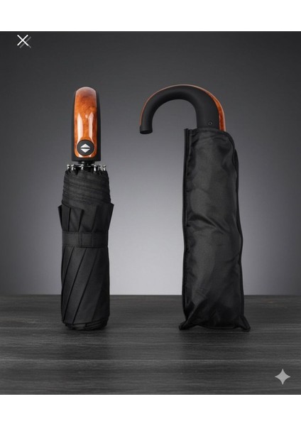 Uv Korumalı Otomatik 10 Telli Şemsiye, Rüzgar Dayanıklı, Şık Ahşap Saplı, Siyah Renk