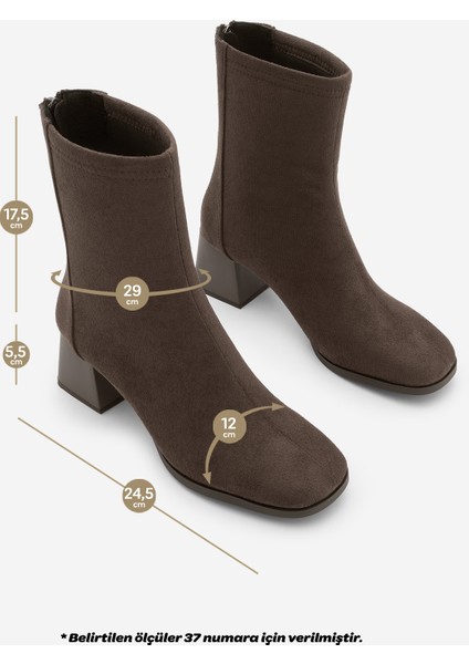 Kadın Topuklu Bot Küt Burun Arkadan Fermuarlı Nayis Kahve Süet