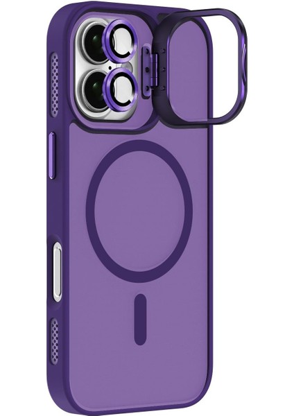 Apple iPhone 17 Lens Hediyeli Kapak Kamera Korumalı Wireless Şarj Özellikli Standlı Premium Kılıf - Mor