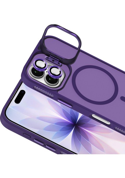 Apple iPhone 17 Lens Hediyeli Kapak Kamera Korumalı Wireless Şarj Özellikli Standlı Premium Kılıf - Mor modelleri