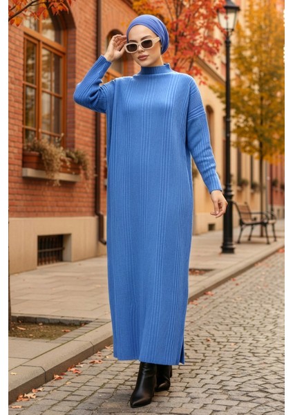 Boğazlı Yaka Mavi Tesettür Triko Elbise 34150M indirimleri