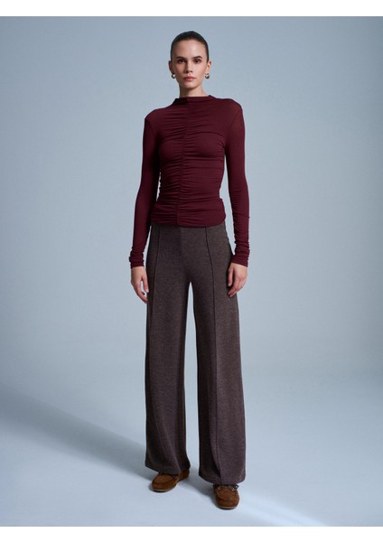 71934 Dikiş Detaylı Geniş Paça Pantolon-Kahve M.