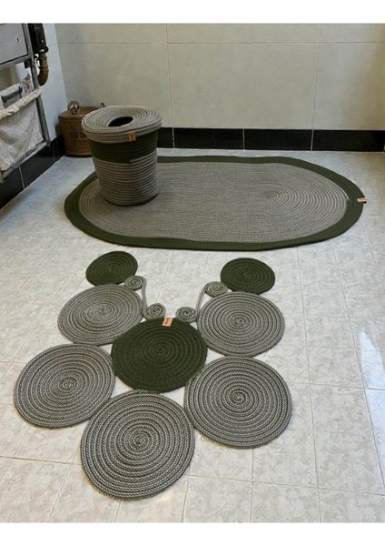 Banyo Seti 3'lü El Yapımı Örgü Paspas (60X100 Cm) & Yuvarlak Çöp Kovası Seti | Leke Tutmaz