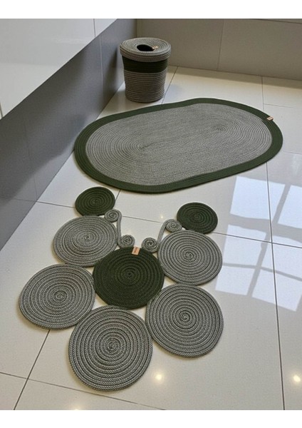 Banyo Seti 3'lü El Yapımı Örgü Paspas (60X100 Cm) & Yuvarlak Çöp Kovası Seti | Leke Tutmaz modelleri