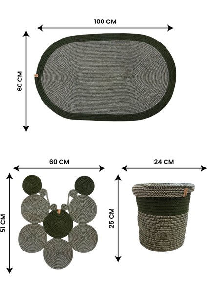 Banyo Seti 3'lü El Yapımı Örgü Paspas (60X100 Cm) & Yuvarlak Çöp Kovası Seti | Leke Tutmaz
