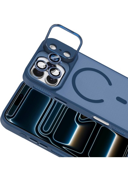 Apple iPhone 17 Pro Max Lens Hediyeli Kapak Kamera Korumalı Wireless Şarj Özellikli Standlı Premium Kılıf - Lacivert modelleri
