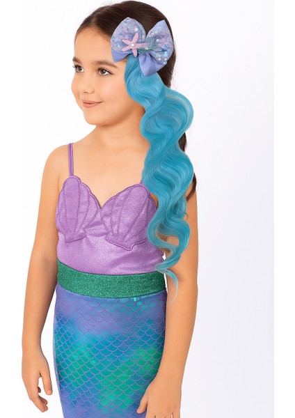 Peruk Saç Tokalı Uzun Deniz Kızı Modeli Pullu Turkuaz Mavi Çıtçıtlı Toka 38CM