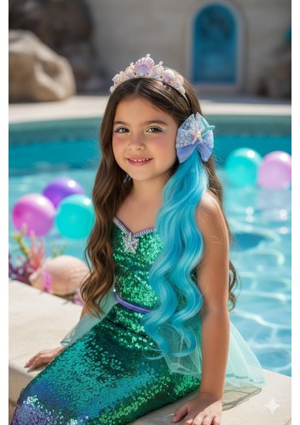 Peruk Saç Tokalı Uzun Deniz Kızı Modeli Pullu Turkuaz Mavi Çıtçıtlı Toka 38CM modelleri