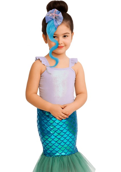 Peruk Saç Tokalı Uzun Deniz Kızı Modeli Pullu Turkuaz Mavi Çıtçıtlı Toka 38CM