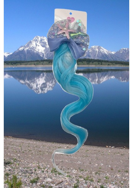 Peruk Saç Tokalı Uzun Deniz Kızı Modeli Pullu Turkuaz Mavi Çıtçıtlı Toka 38CM