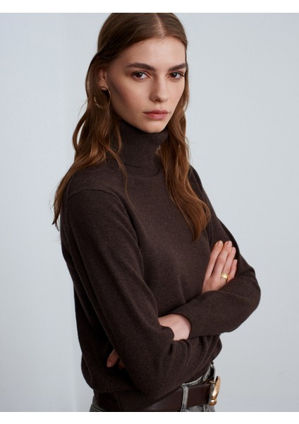 10848 %100 Kaşmir Balıkçı Yaka Kazak-Kahve M.