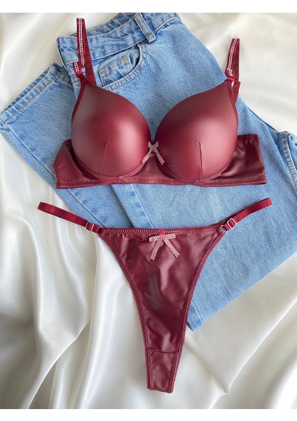 Kadın Bordo Deri Taşlı Fiyonklu Balenli Destekli Dolgulu Push Up Sütyen Takımı Iç Çamaşırı Takımı