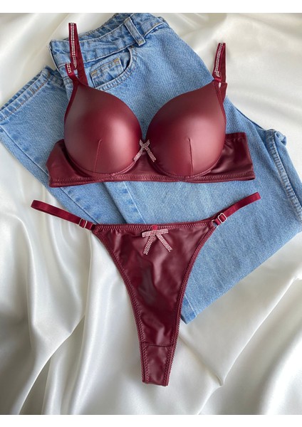 Kadın Bordo Deri Taşlı Fiyonklu Balenli Destekli Dolgulu Push Up Sütyen Takımı Iç Çamaşırı Takımı fiyatları