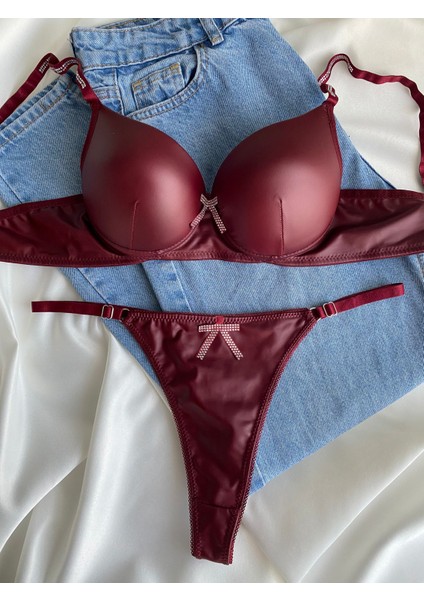 Kadın Bordo Deri Taşlı Fiyonklu Balenli Destekli Dolgulu Push Up Sütyen Takımı Iç Çamaşırı Takımı modelleri