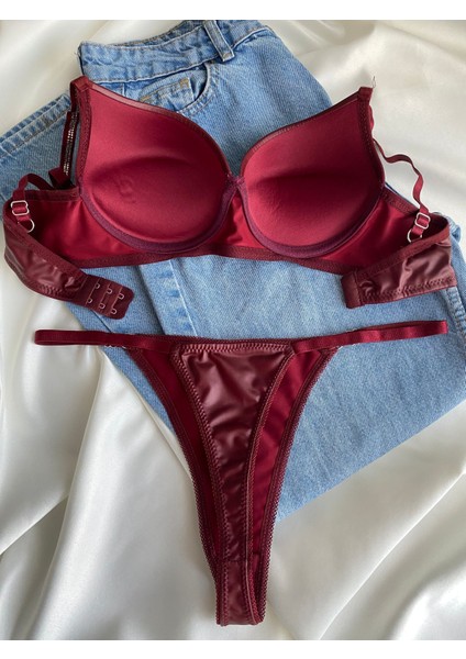 Kadın Bordo Deri Taşlı Fiyonklu Balenli Destekli Dolgulu Push Up Sütyen Takımı Iç Çamaşırı Takımı fırsatları