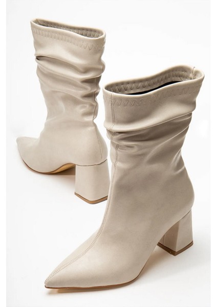 Kadın Nomire Bej Deri Büzgülü Sivri Burun Kalın Topuklu Bot fırsatları