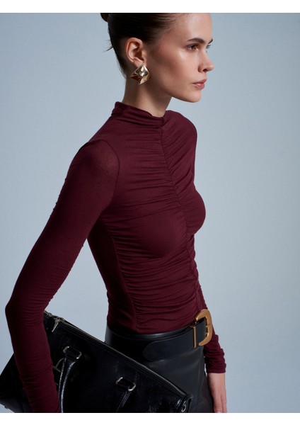 32333 Kaşmir Karışımlı Büzgülü Bluz-Bordo