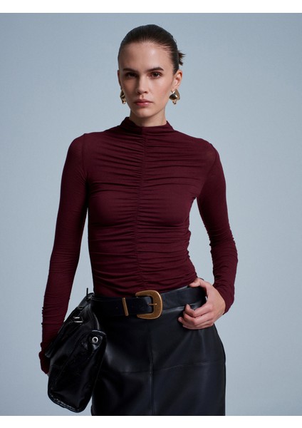 32333 Kaşmir Karışımlı Büzgülü Bluz-Bordo fırsatları