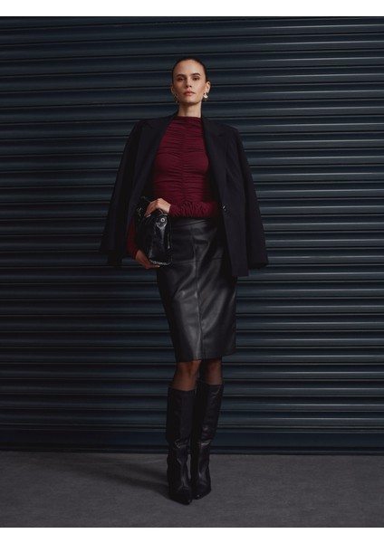 32333 Kaşmir Karışımlı Büzgülü Bluz-Bordo indirimleri