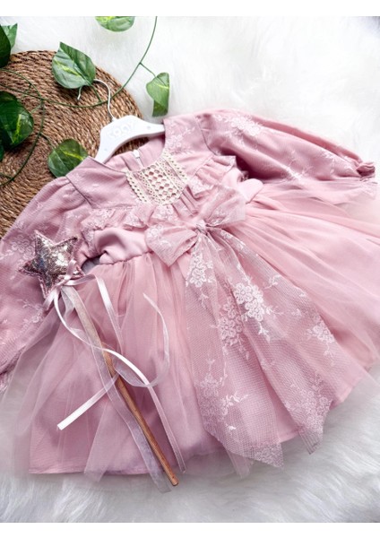 Lenora Prenses Model Tül Fiyonk Detaylı Uzun Kollu Etekli Elbise