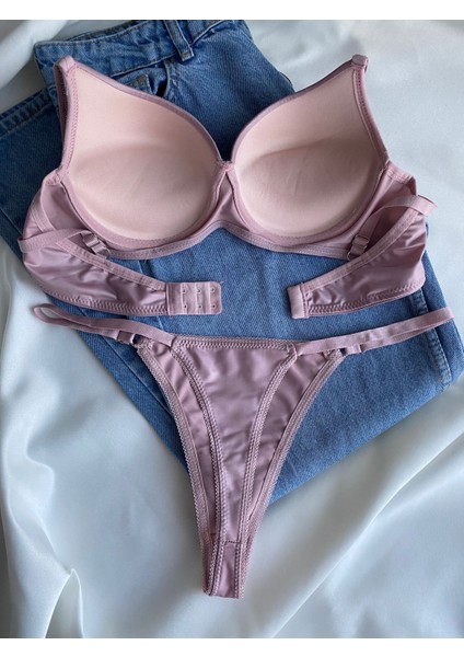 Kadın Pembe Deri Taşlı Fiyonklu Balenli Destekli Dolgulu Push Up Sütyen Takımı Iç Çamaşırı Takımı modelleri