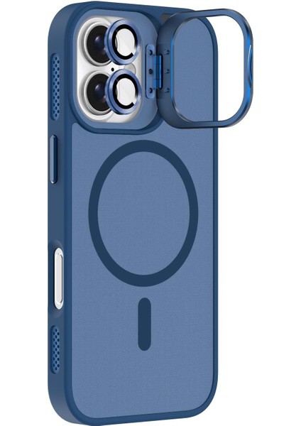 Apple iPhone 17 Lens Hediyeli Kapak Kamera Korumalı Wireless Şarj Özellikli Standlı Premium Kılıf - Lacivert