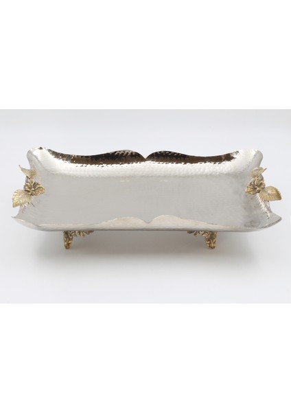 Gümüş Kaplama Bakır Dikdörtgen Çiçek Motifli Tepsi