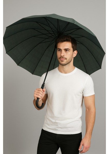 Koyu Yeşil Ekose Desenli 16 Telli Kırılmaz Şemsiye, Sağlam ve Şık Tasarım