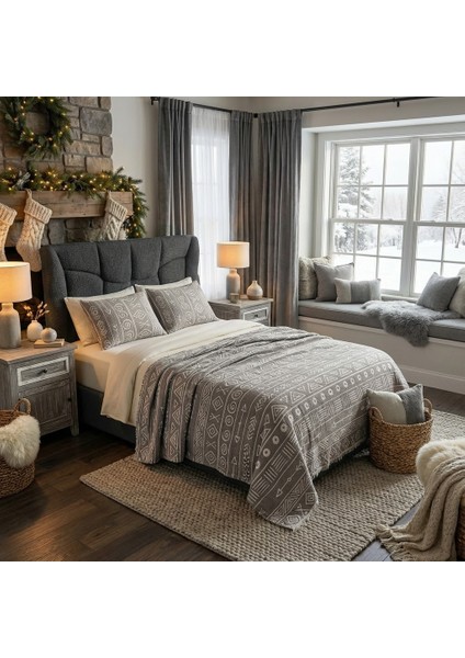 Bohem Inka Serisi %100 Pamuk Müslin 5 Katlı Tek Kişilik Antrasit Yatak Örtüsü 160X220 cm 1 Adet Yastık Kılıfı 50X70 cm