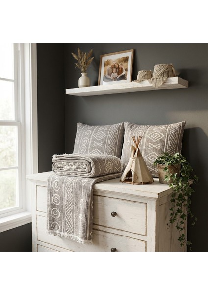 Bohem Inka Serisi %100 Pamuk Müslin 5 Katlı Tek Kişilik Antrasit Yatak Örtüsü 160X220 cm 1 Adet Yastık Kılıfı 50X70 cm modelleri