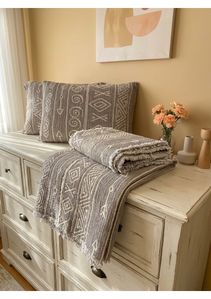 Bohem Inka Serisi %100 Pamuk Müslin 5 Katlı Tek Kişilik Antrasit Yatak Örtüsü 160X220 cm 1 Adet Yastık Kılıfı 50X70 cm