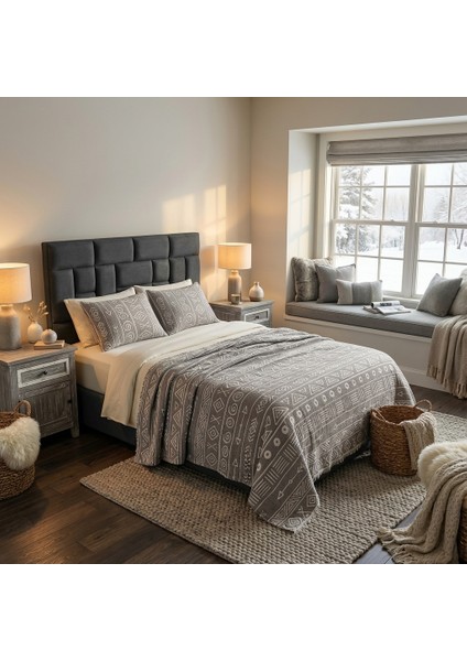 Bohem Inka Serisi %100 Pamuk Müslin 5 Katlı Tek Kişilik Antrasit Yatak Örtüsü 160X220 cm 1 Adet Yastık Kılıfı 50X70 cm