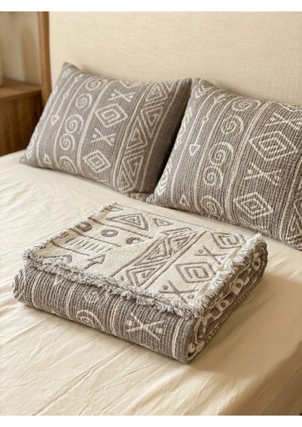 Bohem Inka Serisi %100 Pamuk Müslin 5 Katlı Tek Kişilik Antrasit Yatak Örtüsü 160X220 cm 1 Adet Yastık Kılıfı 50X70 cm