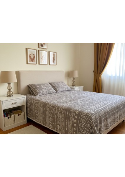 Bohem Inka Serisi %100 Pamuk Müslin 5 Katlı Tek Kişilik Antrasit Yatak Örtüsü 160X220 cm 1 Adet Yastık Kılıfı 50X70 cm