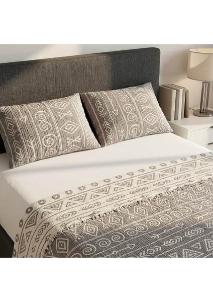 Bohem Inka Serisi %100 Pamuk Müslin 5 Katlı Tek Kişilik Antrasit Yatak Örtüsü 160X220 cm 1 Adet Yastık Kılıfı 50X70 cm