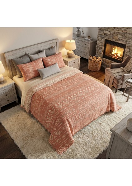 Bohem Inka Serisi %100 Pamuk Müslin 5 Katlı Tek Kişilik Somon Renk Yatak Örtüsü 160X220CM 1 Adet Yastık Kılıfı 50X70 cm