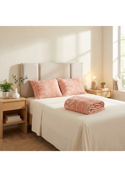 Bohem Inka Serisi %100 Pamuk Müslin 5 Katlı Tek Kişilik Somon Renk Yatak Örtüsü 160X220CM 1 Adet Yastık Kılıfı 50X70 cm