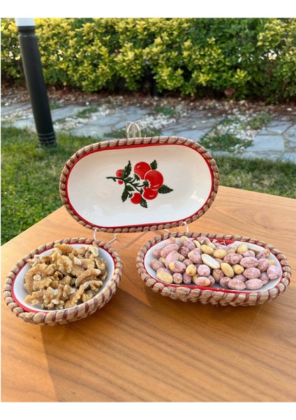 El Yapımı Sunum Kase Seti | Leke Tutmaz | Hasır Görünümlü Ip Kenar Tasarım – 3’lü Sunum Seti