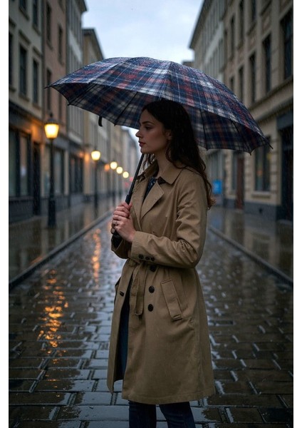 Ekoseli Unisex Şemsiye, Otomatik Açma-Kapama, Şık ve Hafif Tasarım