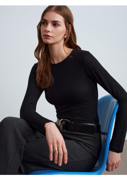 32194 Uzun Kollu Büzgülü Top-Siyah