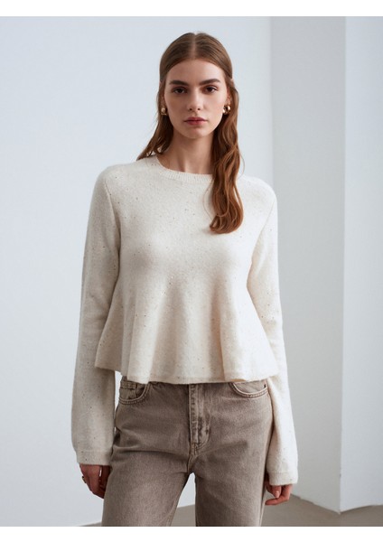 10832 Peplum Parıltılı Triko Kazak-Krem