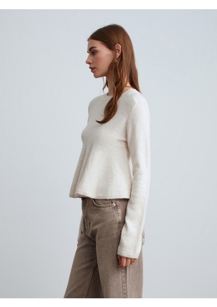 10832 Peplum Parıltılı Triko Kazak-Krem modelleri