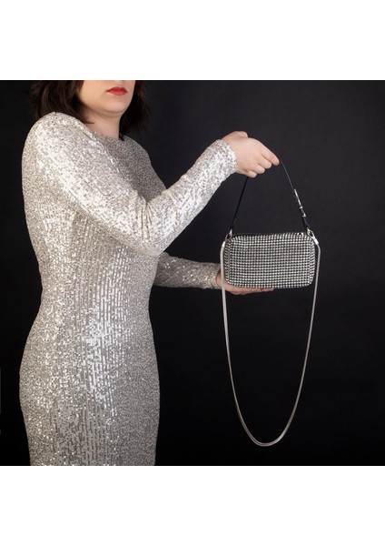 951 Kadın Taşlı Abiye Omuz Çantası Gümüş fırsatları