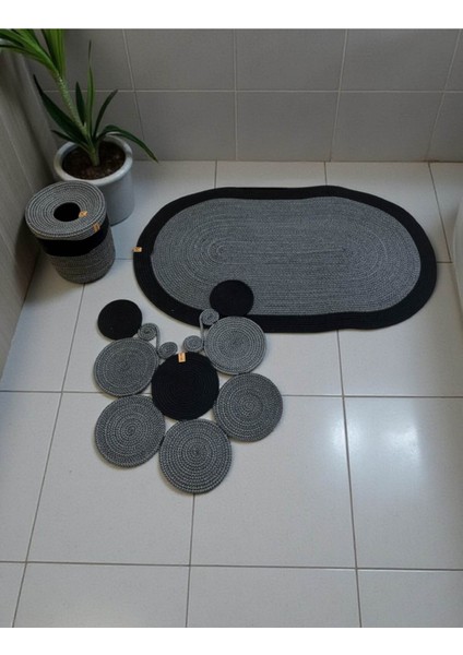 Banyo Seti 3'lü El Yapımı Örgü Paspas (60X100 Cm) & Yuvarlak Çöp Kovası Seti | Leke Tutmaz