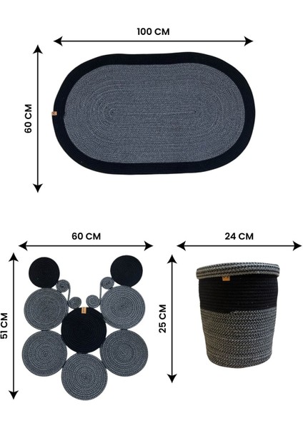 Banyo Seti 3'lü El Yapımı Örgü Paspas (60X100 Cm) & Yuvarlak Çöp Kovası Seti | Leke Tutmaz