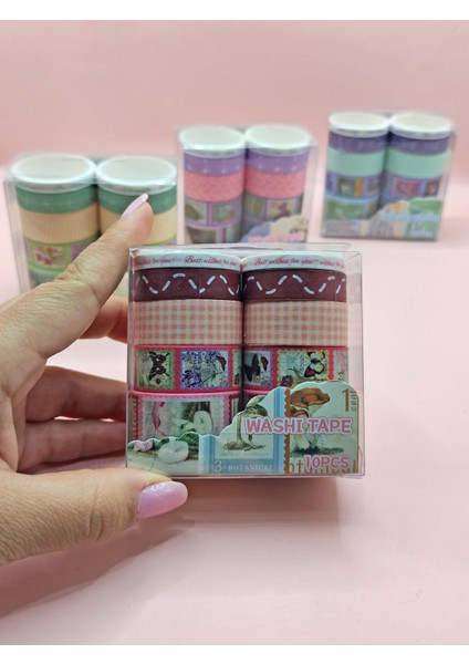 Vintage Washi Tape Bant Baskılı Yapışkanlı Maskeleme Kağıdı Desenli Bant 10'lu - Bordo Pul Mektup
