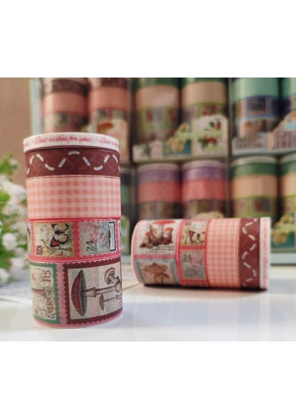 Vintage Washi Tape Bant Baskılı Yapışkanlı Maskeleme Kağıdı Desenli Bant 10'lu - Bordo Pul Mektup fiyatları